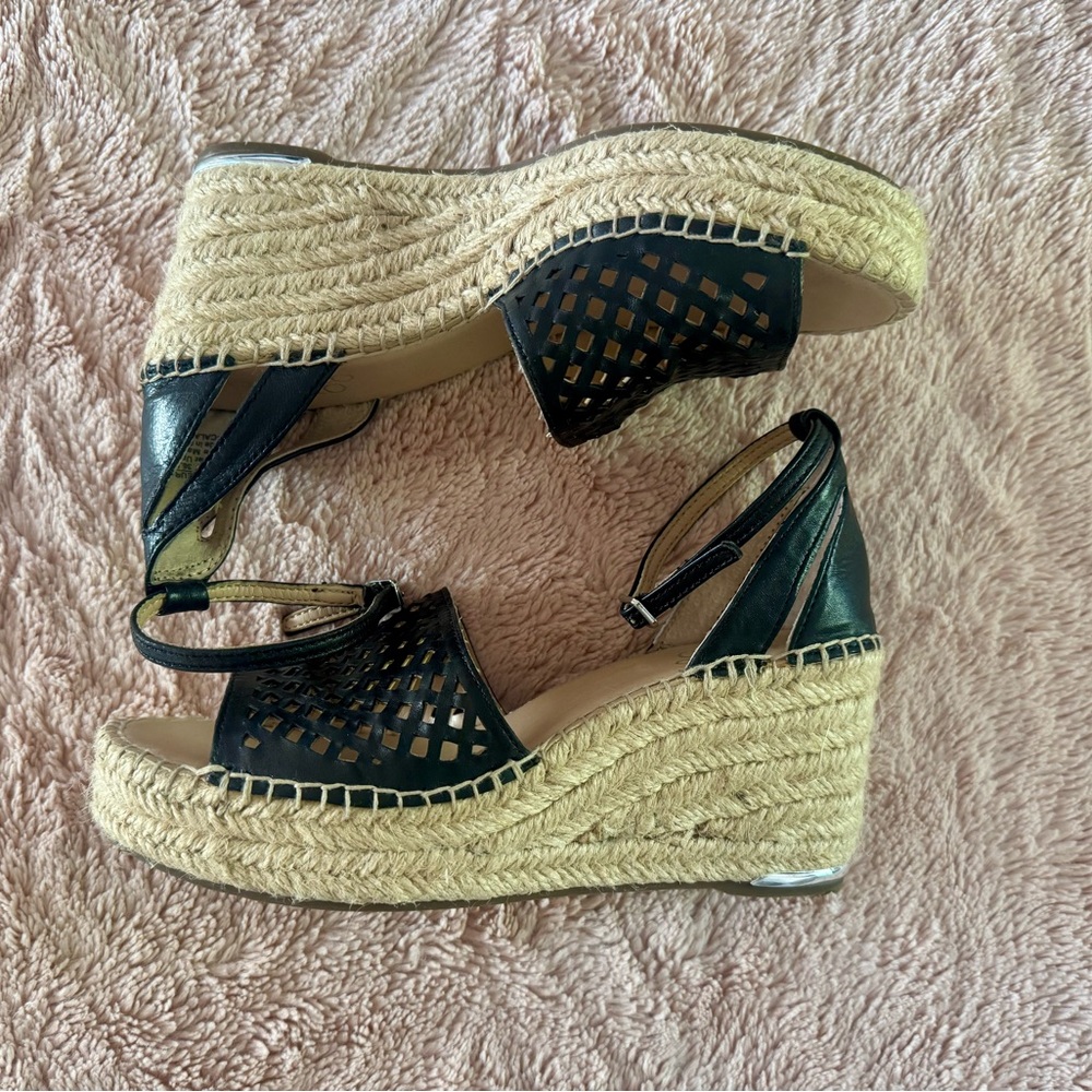 Franco Sarto Black Cutout Leather Espadrille Wedge Sandals